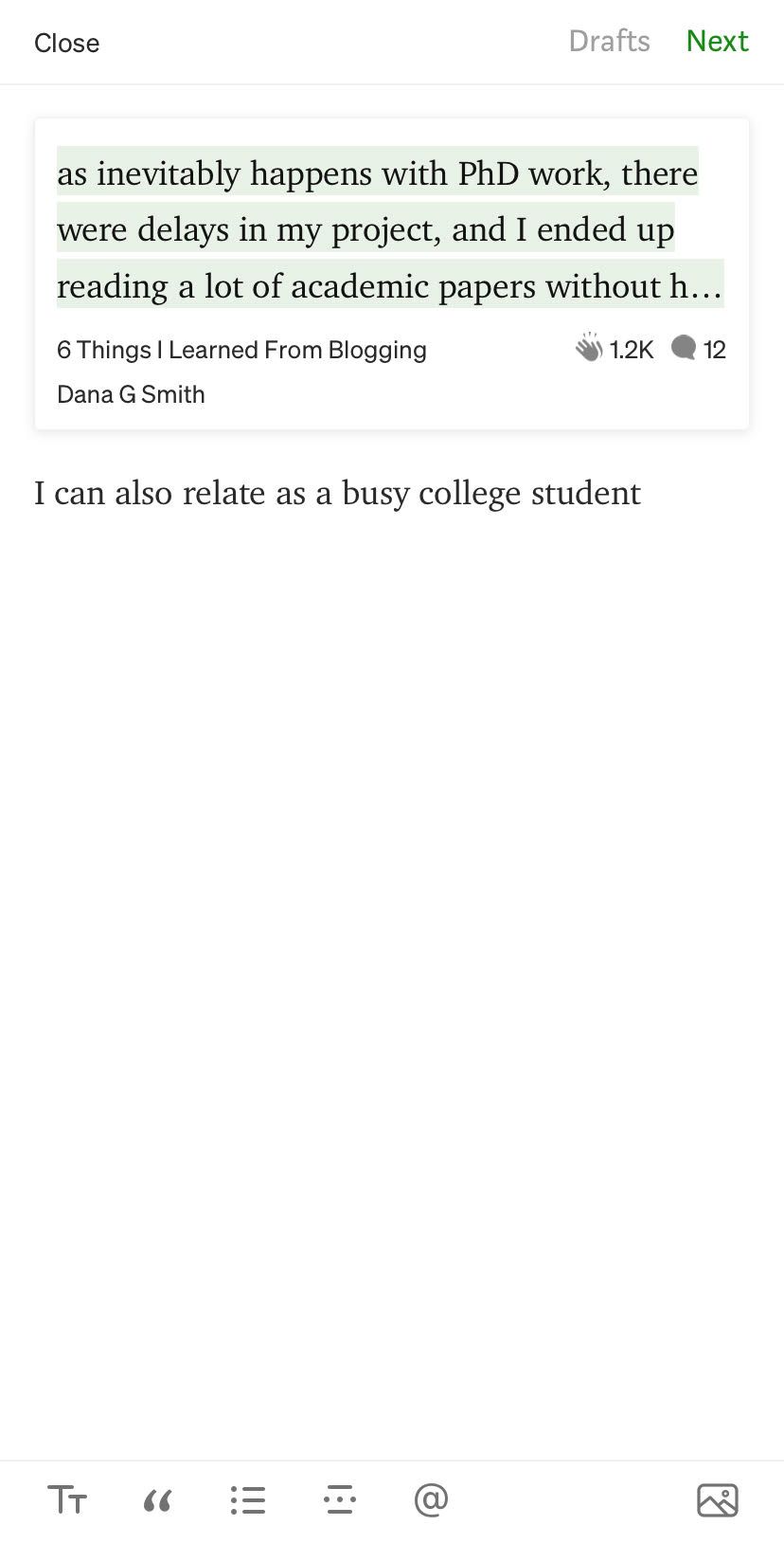 Ответ на выделенный фрагмент в Medium