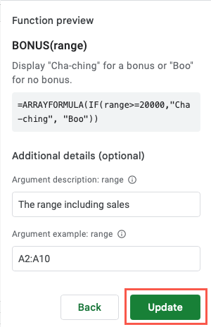 Update button after editing a function