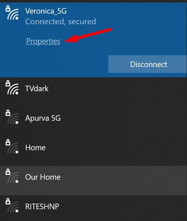 Окно свойств подключённой сети в параметрах Windows