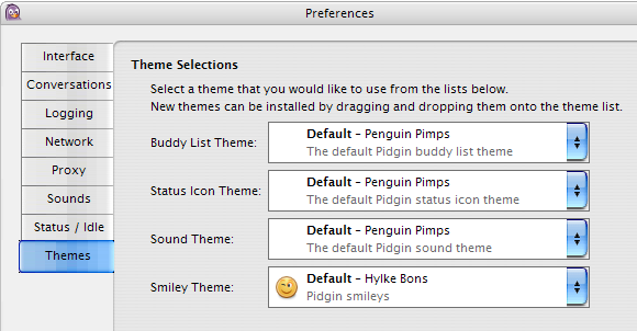 Скриншот Pidgin: список тем и смайлов