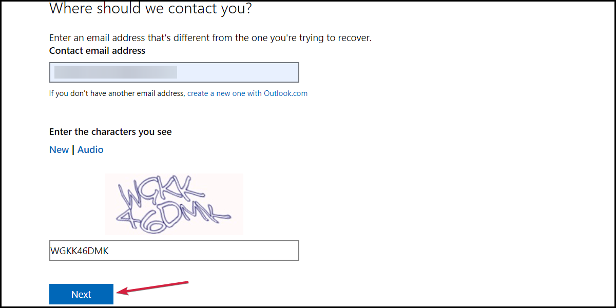 Форма восстановления учётной записи Microsoft
