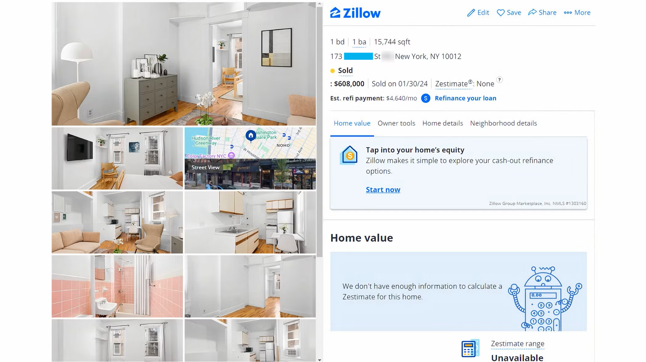 Скриншот страницы квартиры на Zillow с реальной оценкой рынка.