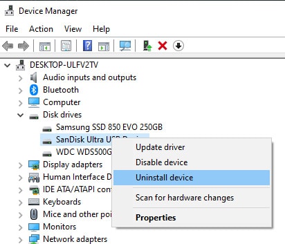Opção de desinstalar dispositivo