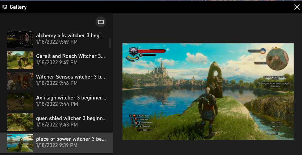 Окно галереи записей и скриншотов Game Bar