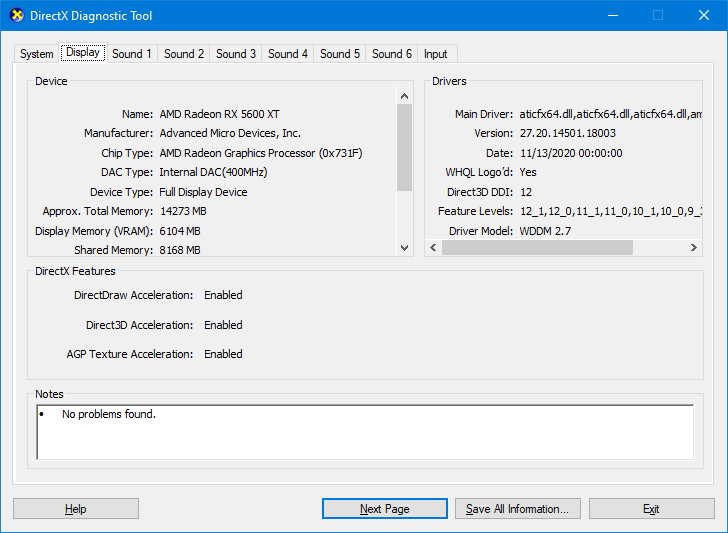 Окно DirectX Diagnostic Tool с вкладкой Display