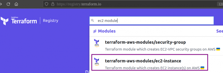 Поиск модуля EC2 на странице Terraform Registry