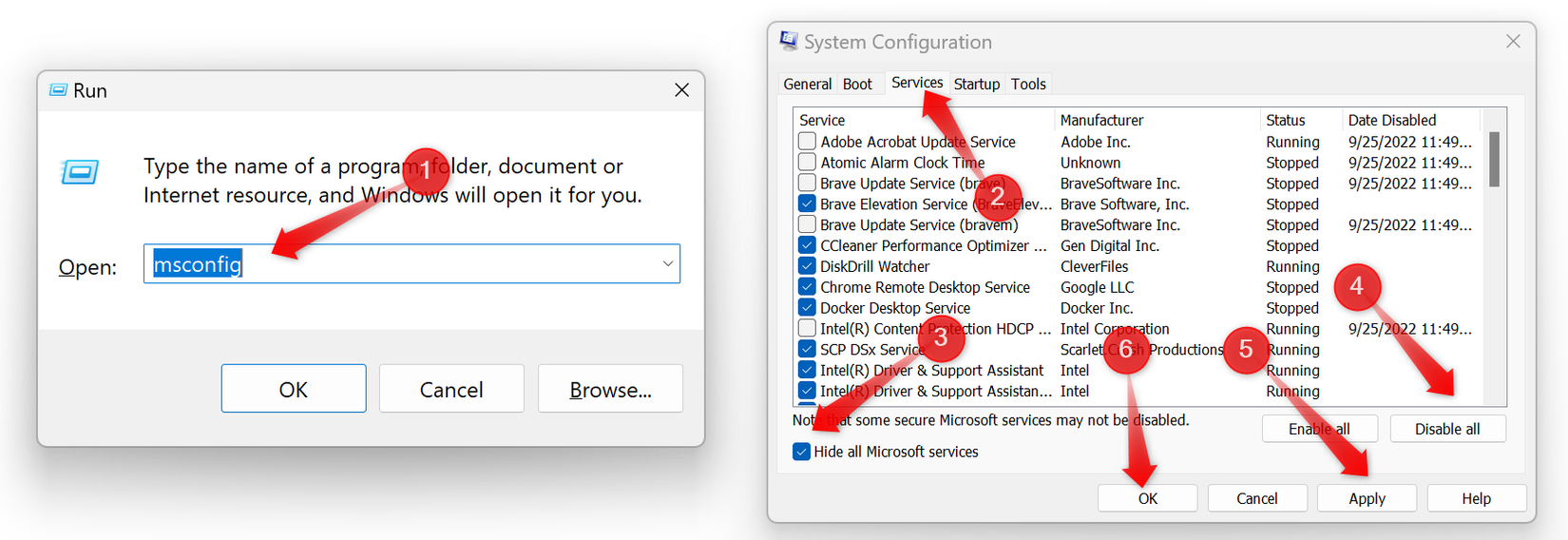 Отключение всех служб, кроме служб Microsoft в окне конфигурации системы.