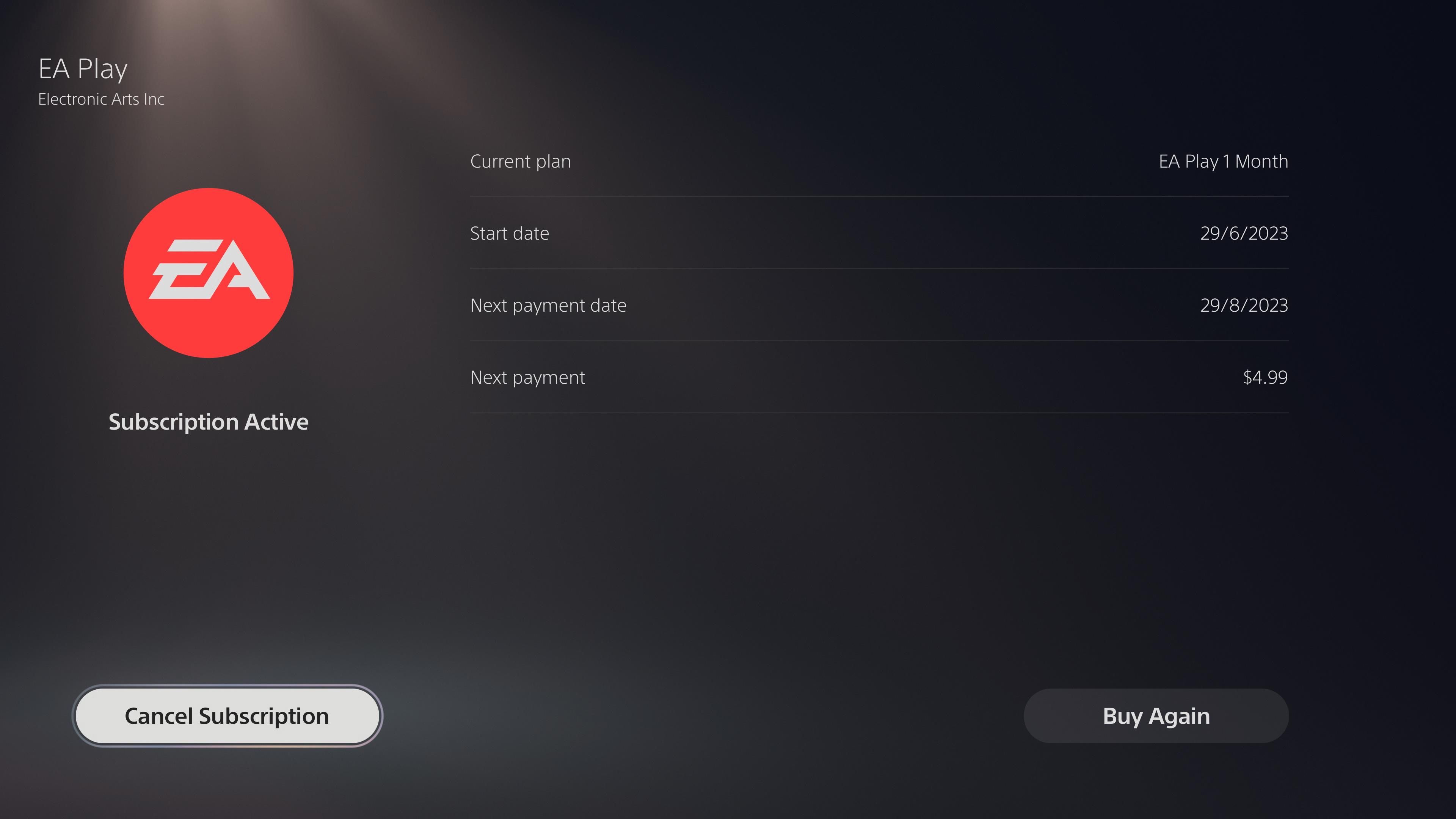 Страница настроек подписки EA Play на PS5