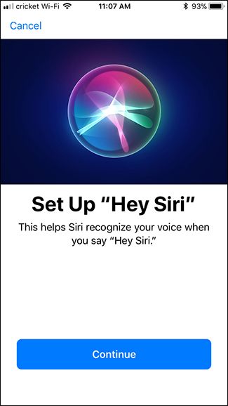 Скриншот: экран настройки «Привет, Siri» — кнопка Продолжить