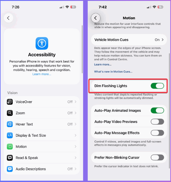 Option Atténuer les lumières clignotantes dans Accessibilité