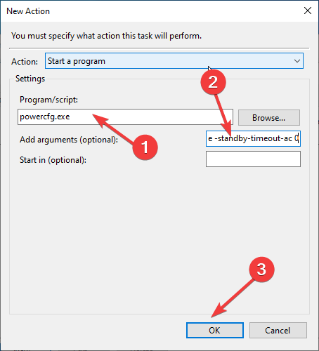 Добавление действия — powercfg.exe