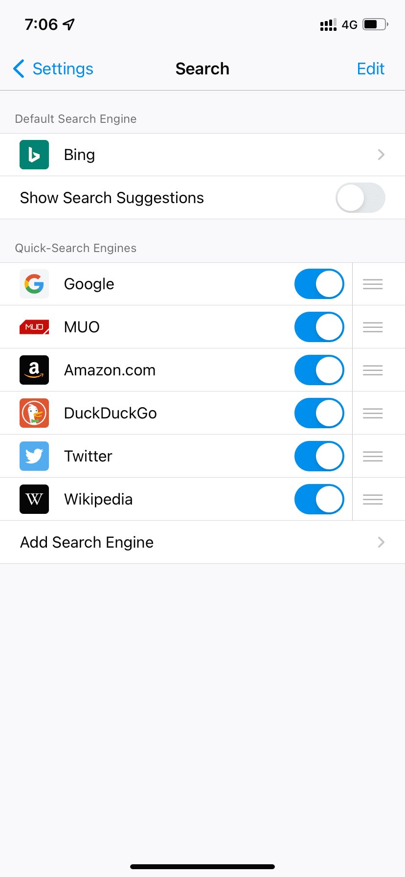 Список быстрых поисковых систем в Firefox на iPhone