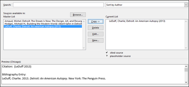 Окно управления списком источников с результатами поиска