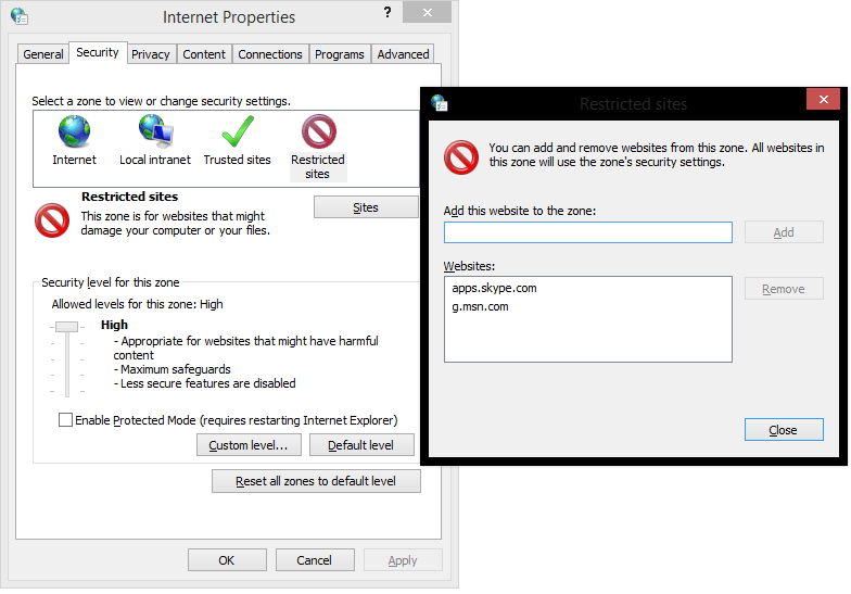 Блокировка рекламы через Параметры Интернета — вкладка Безопасность.