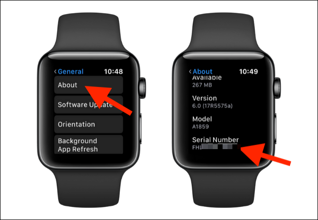 Экран Об этом на Apple Watch: серийный номер и IMEI