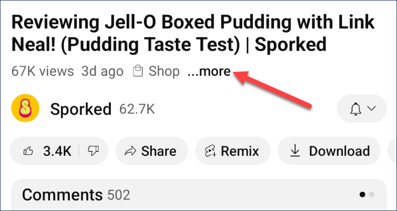 Описание видео в мобильном приложении YouTube с кнопкой «Ещё».