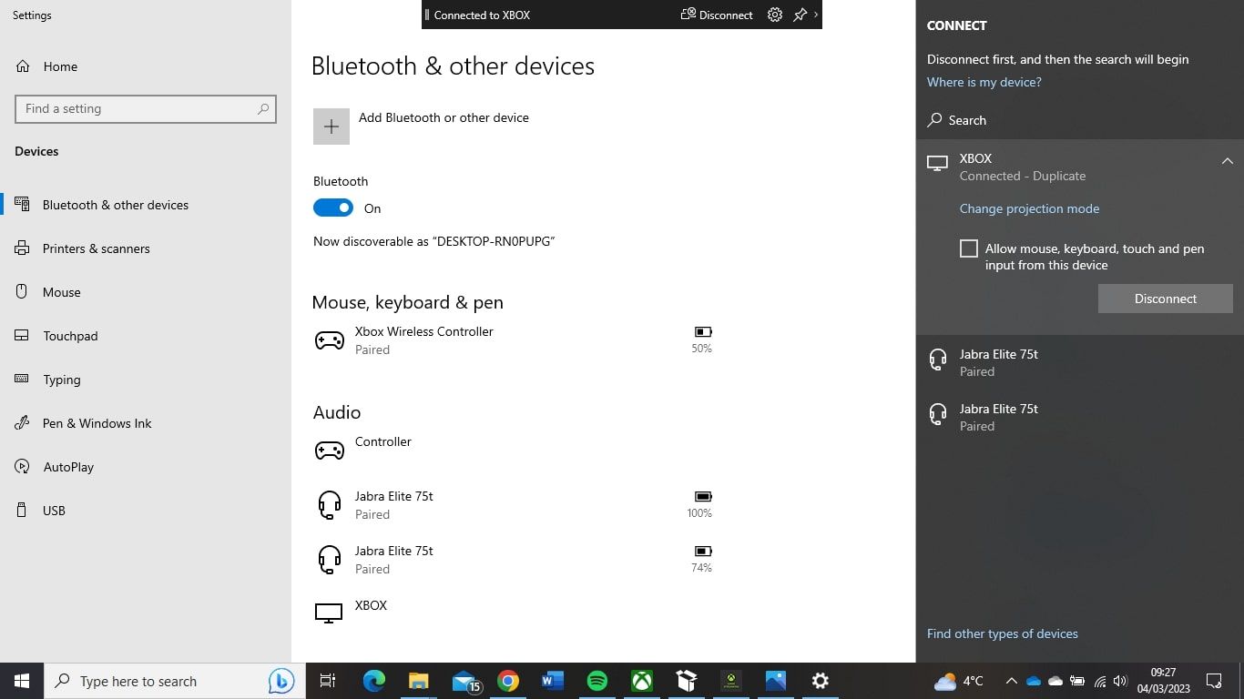 A screenshot of the Connect option available on a Windows laptop with Xbox highlighted