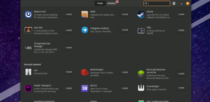 Экран POP!_OS с рабочим столом и меню приложений