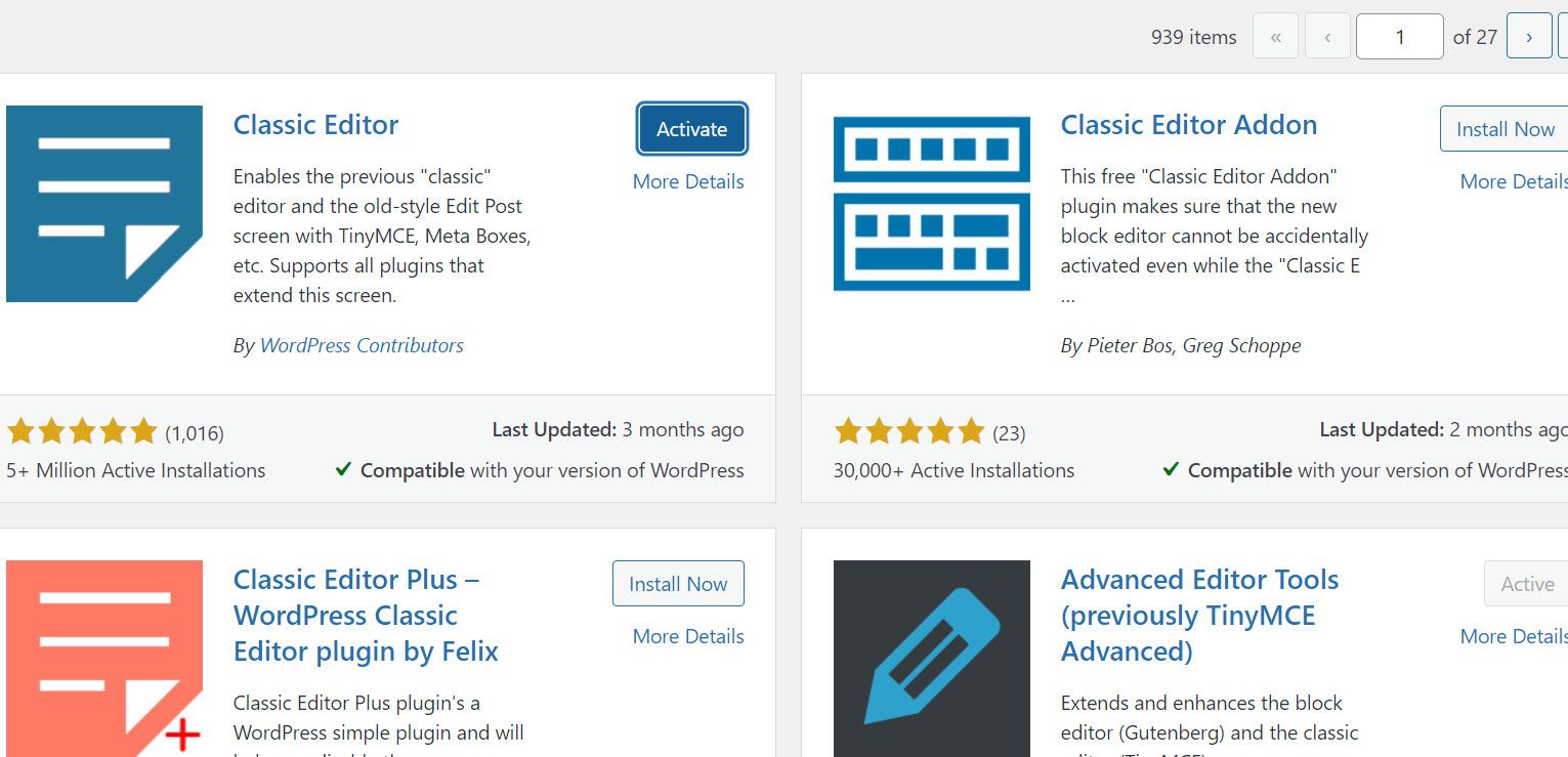 Интерфейс установки плагинов в WordPress