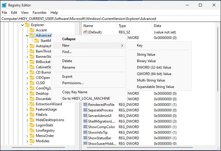 registry editor advanced new dword value