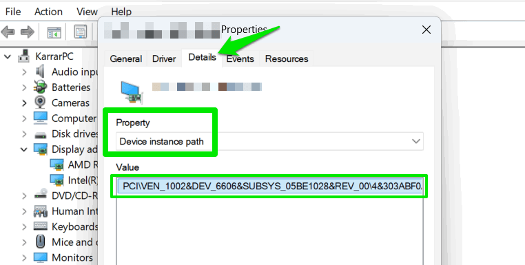 Диспетчер устройств Windows с деталями драйвера видеокарты
