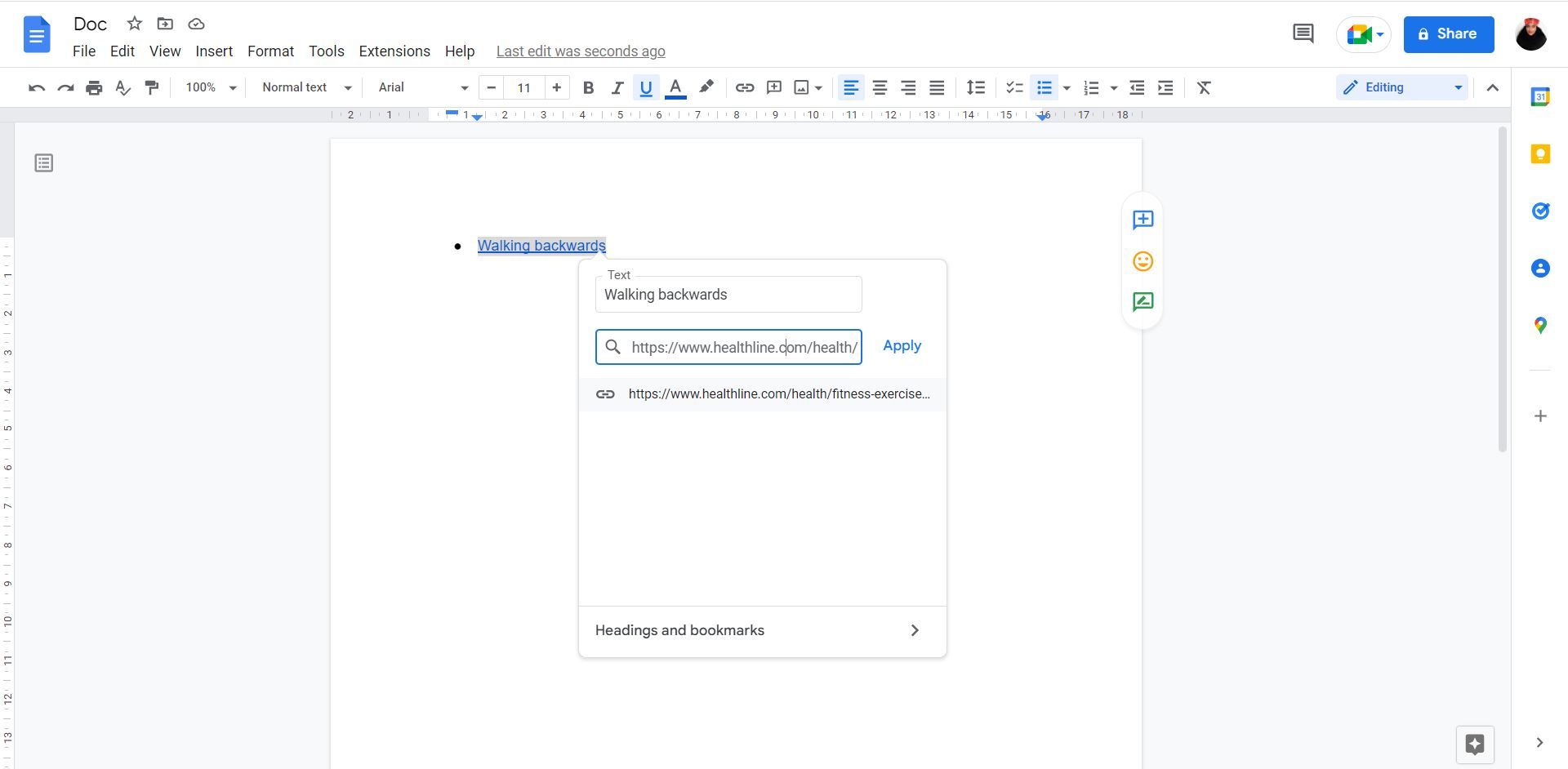 Окно вставки гиперссылки в Google Docs