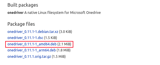 List of onedrive package files, with the ARM architecture option highlighted