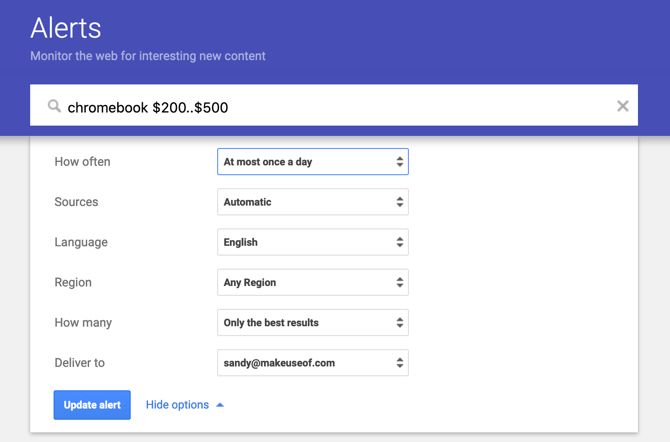 параметры оповещений Google Alerts