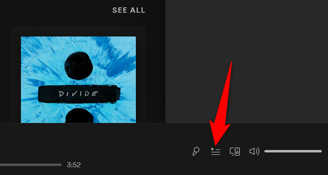 Кнопка Queue в правом нижнем углу десктоп‑приложения Spotify