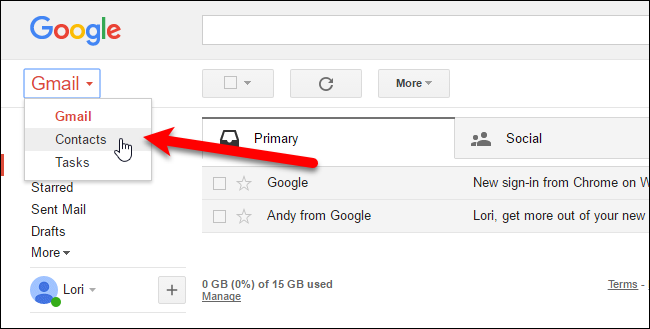 Выбор Контактов в Gmail перед импортом