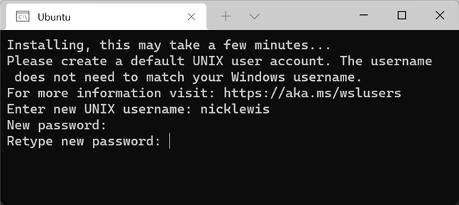 Введите имя пользователя и пароль для WSL
