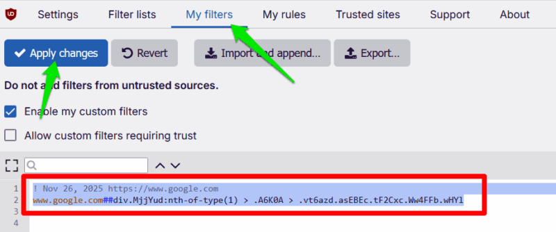 Удаление фильтра в uBlock Origin