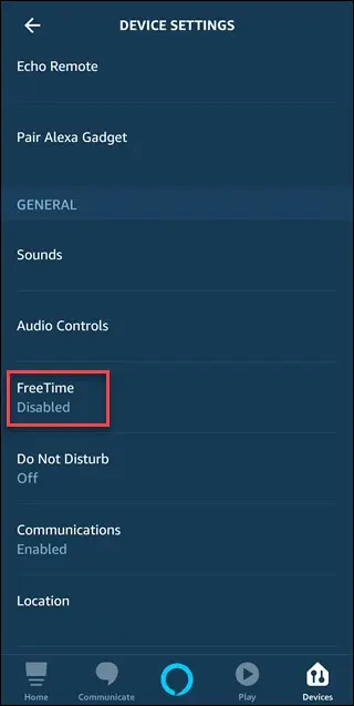 Экран приложения Alexa с выделением опции FreeTime
