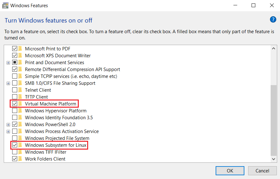 Окно включения компонентов Windows для WSL и Virtual Machine Platform