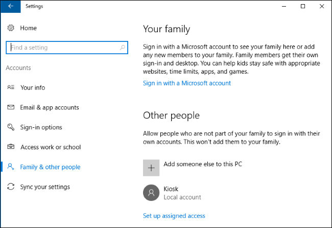 Выбор учётной записи и приложения для Assigned Access