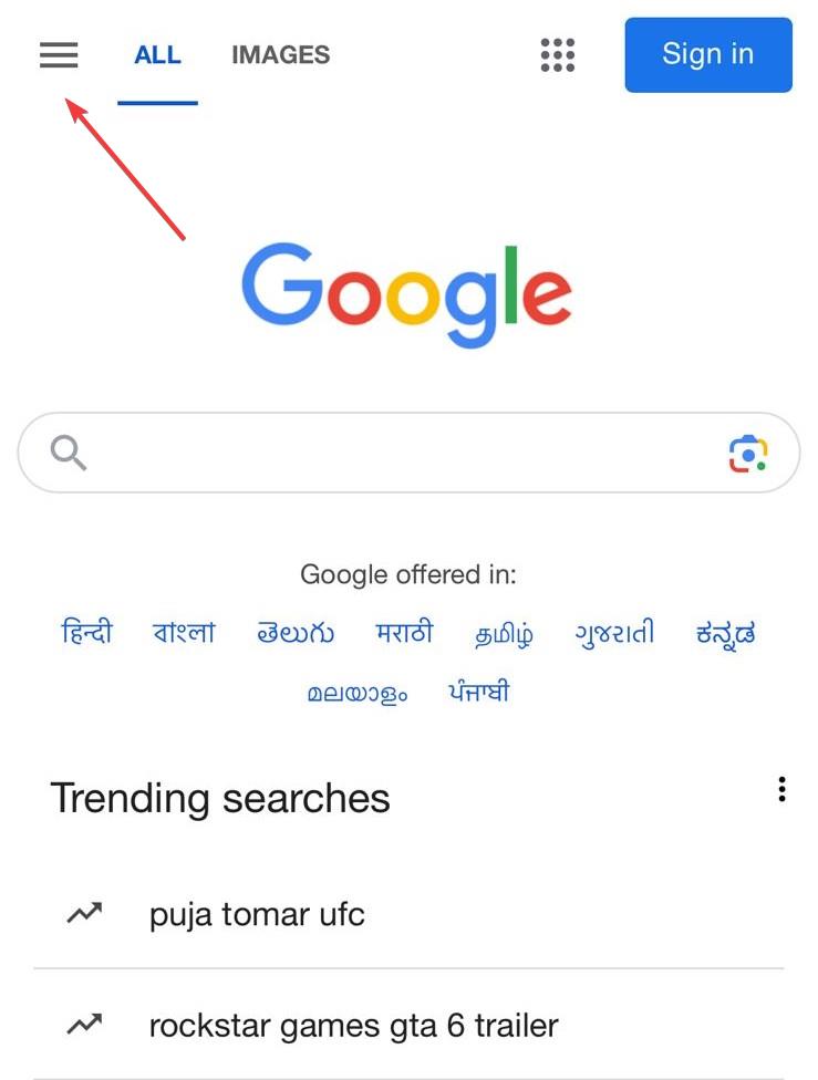 Меню Google в мобильном браузере