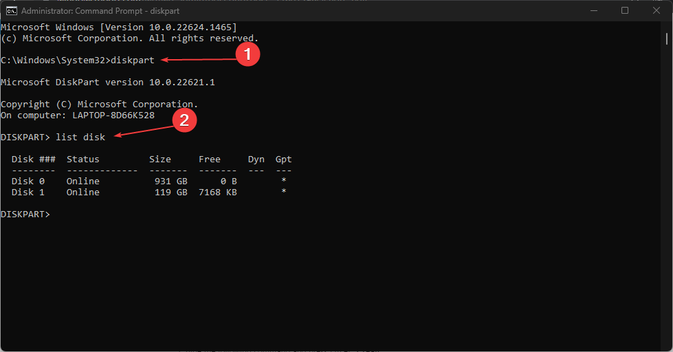 Интерфейс DiskPart с командами list disk и clean