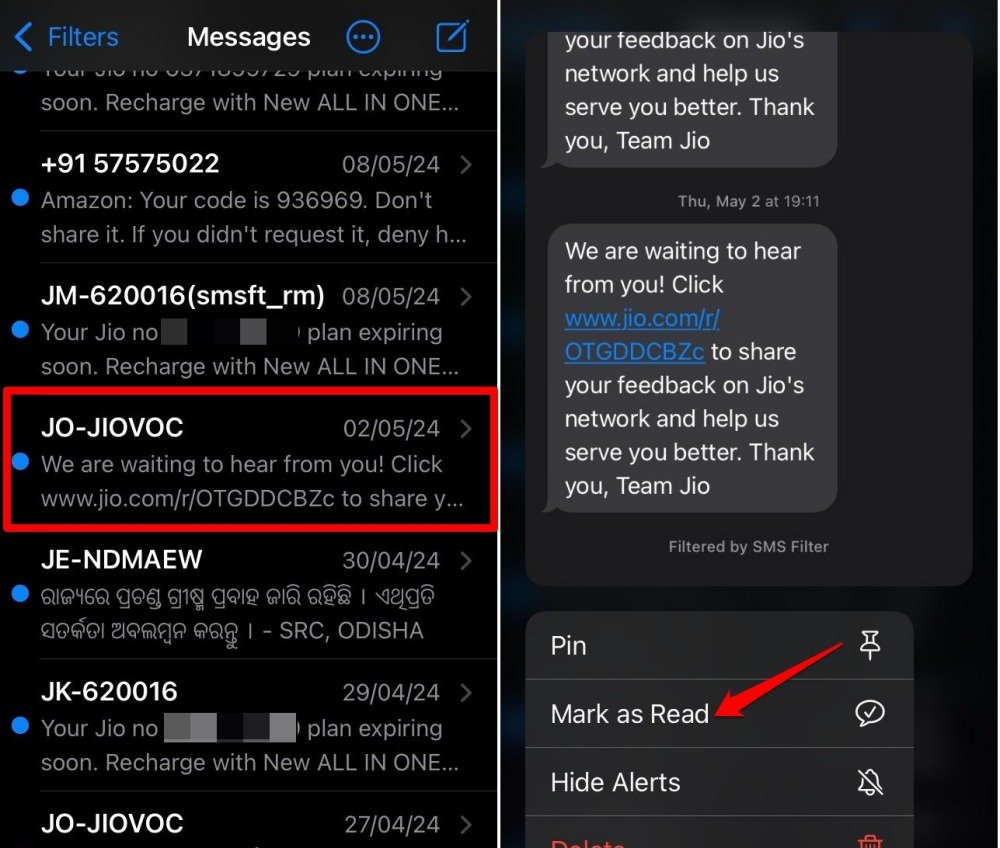 Долгое нажатие на сообщение и выбор «Отметить как прочитанное»