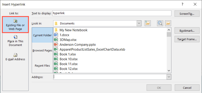 Опция «Существующий файл или веб-страница» в окне вставки ссылки