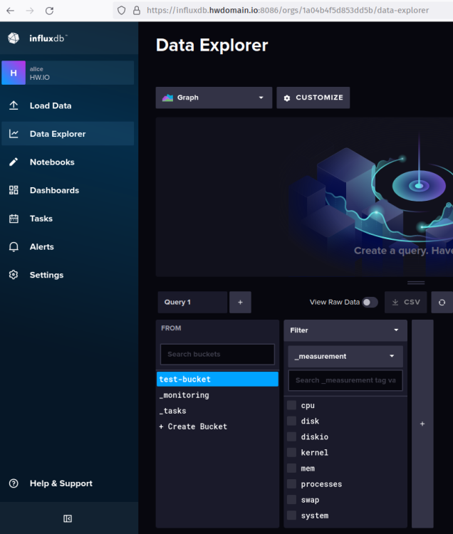 Data Explorer — метрики telegraf видны в бакете test-bucket