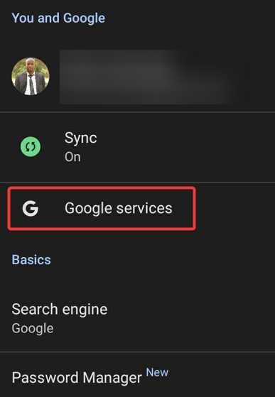 Настройки Google services в Chrome на Android