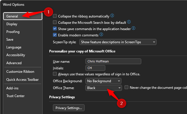 Окно 'Параметры Word', вкладка 'Общие', выбор темы 'Black' рядом с 'Office Theme'