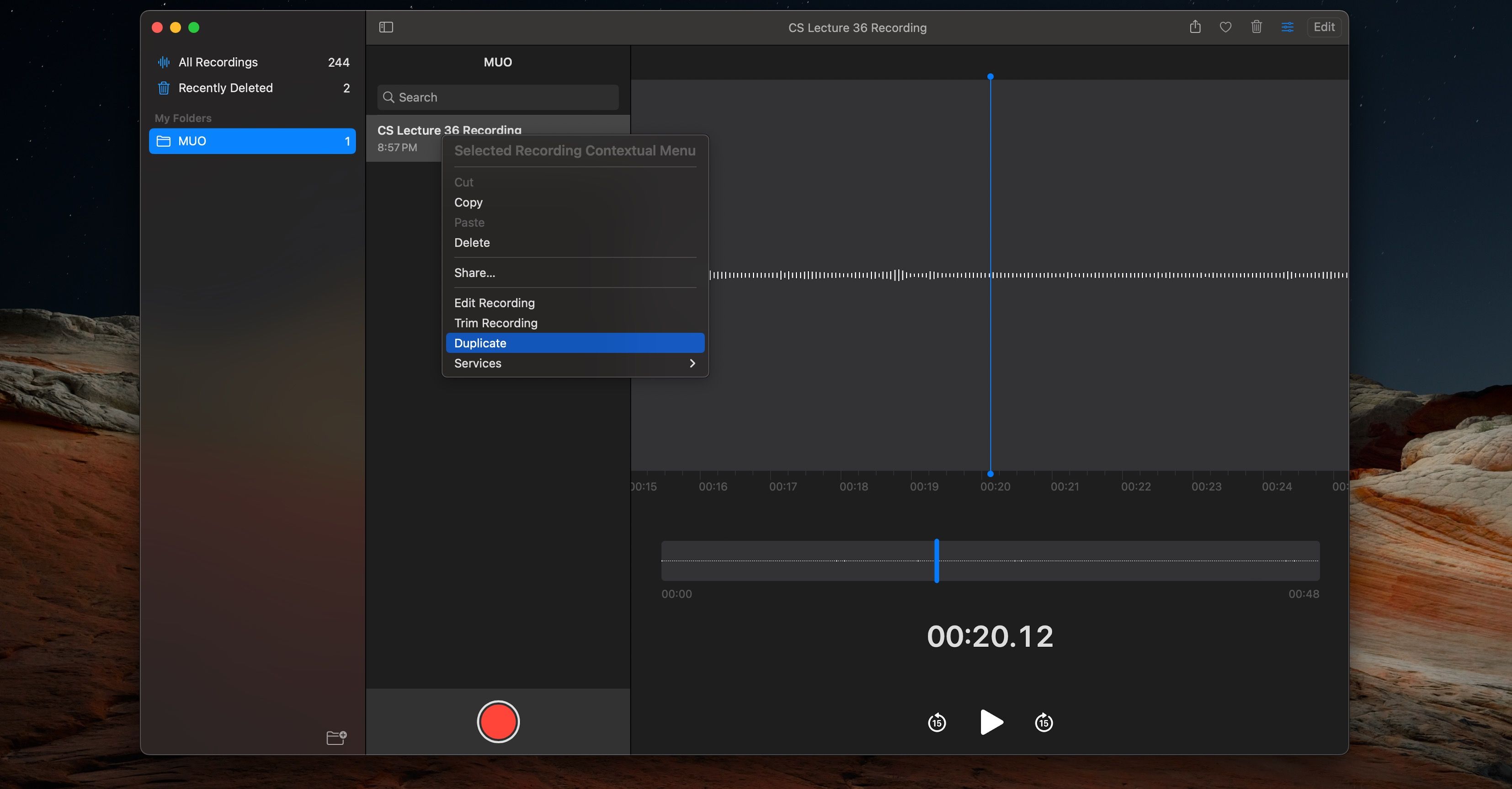 macOS Voice Memos App Duplicate Option Selected