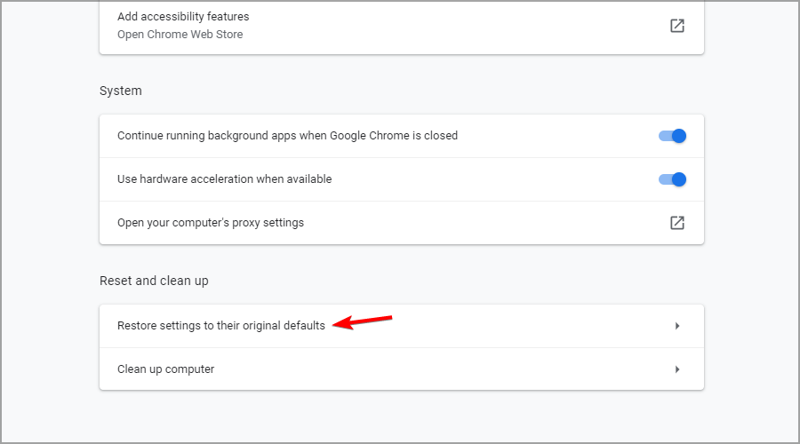Опция Восстановить настройки по умолчанию в Chrome