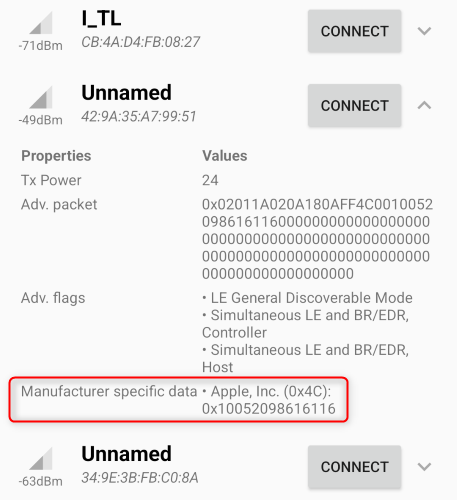 Приложение LightBlue на Android показывает AirTag.