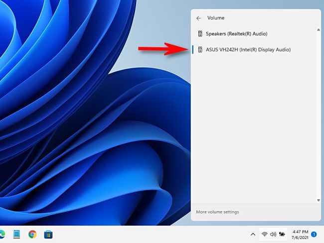 Список управляемых аудиоустройств в меню Быстрых действий Windows 11.