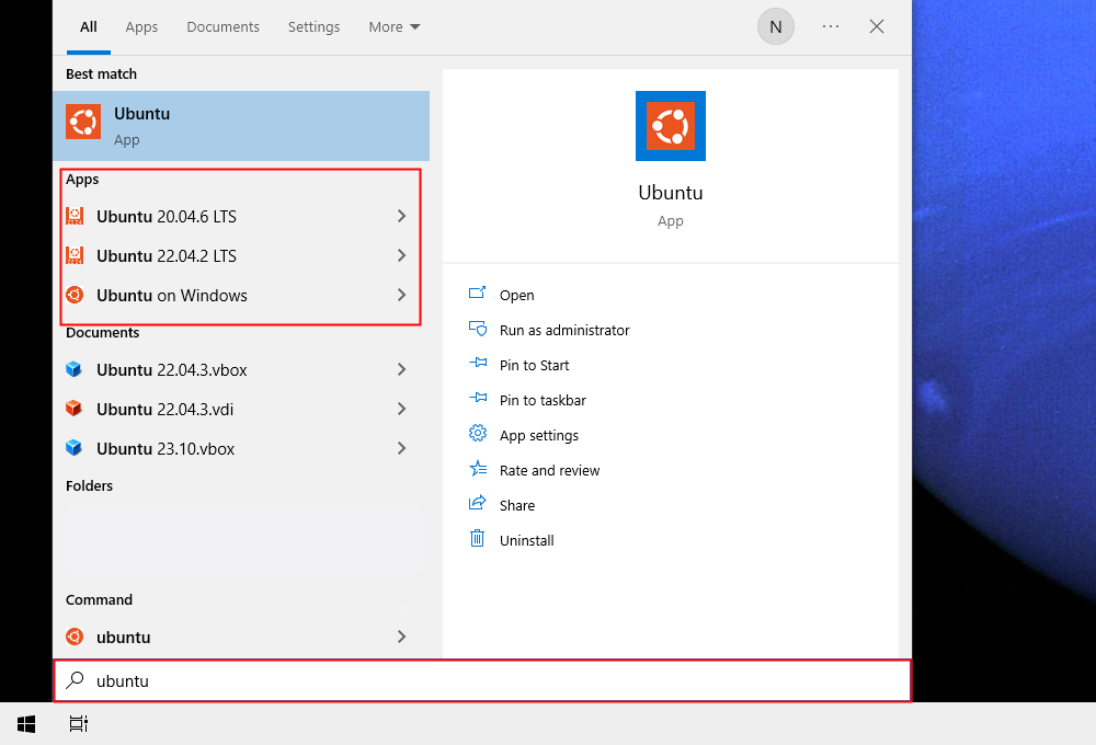 Поиск Ubuntu в меню Пуск и запуск дистрибутива.