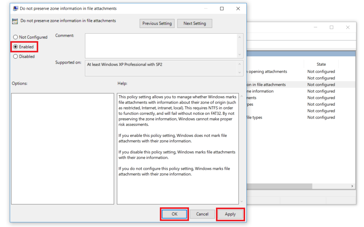 Установка параметра Enabled для политики сохранения зоны