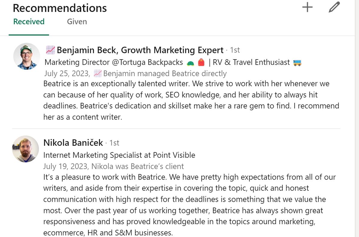 Примеры рекомендаций на LinkedIn