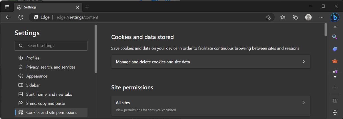 Настройки cookie и данных сайтов в Edge